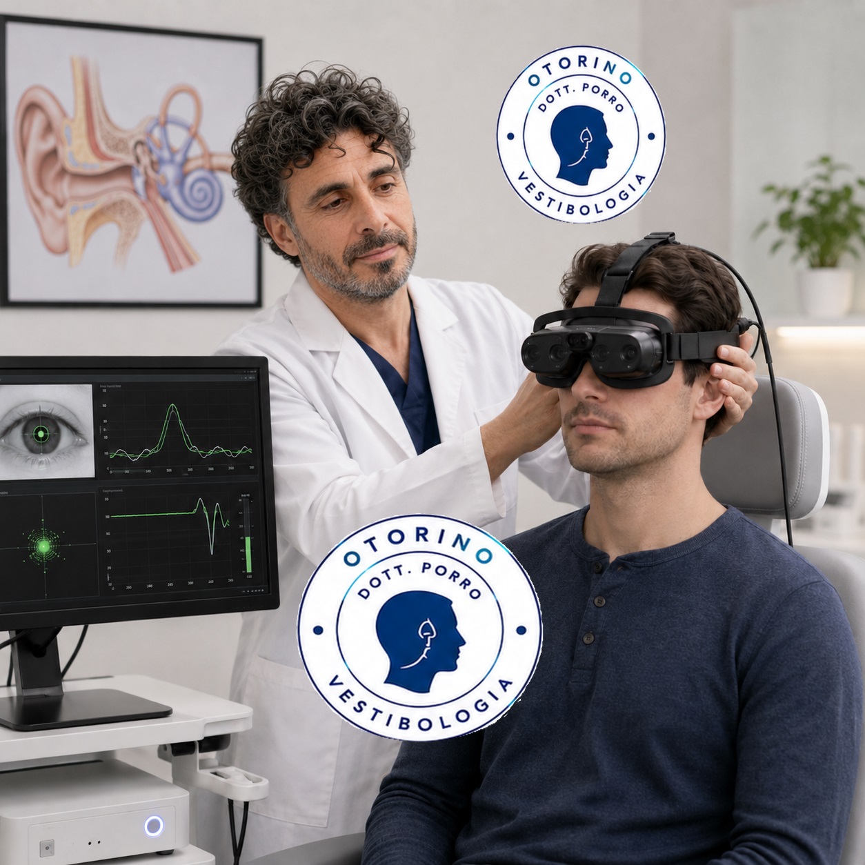 otorino porro mentre controlla maschera visore indossata da un paziente per il monitoraggio delle vertigini